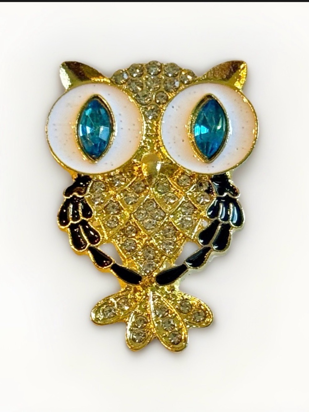 Gold Owl Brooch with Blue Crystal Eyes